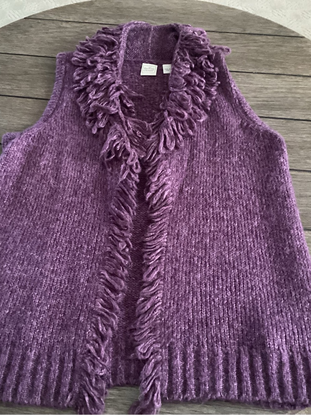Textured Purple Sleeveless Cardigan Vest with Fringe Trim